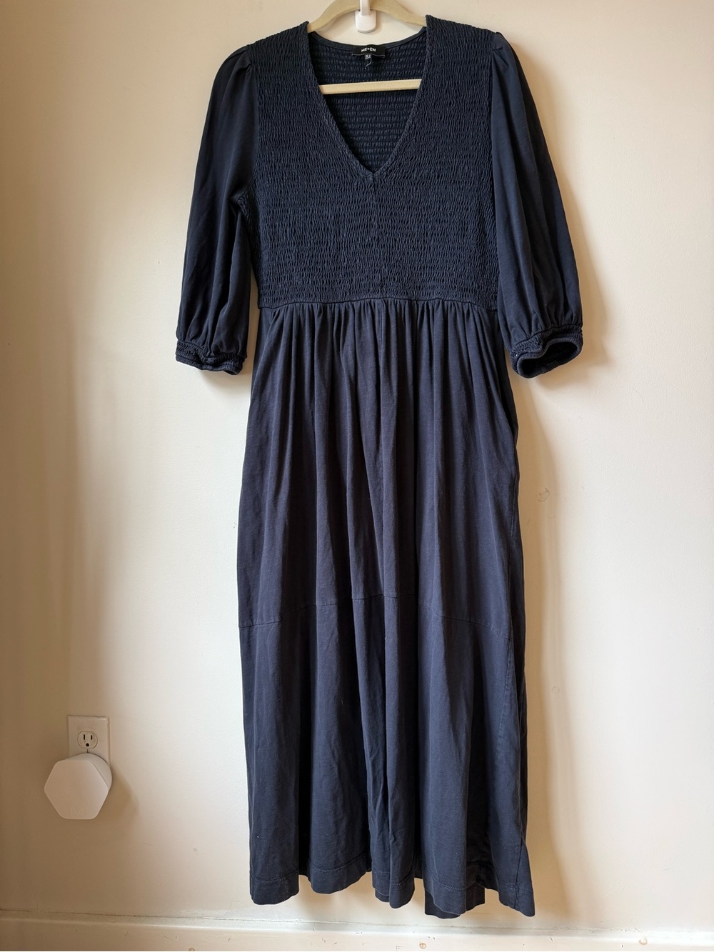 ME+EM Dark Navy V‑Neck Smocked Shirred bodice Maxi Dress pockets